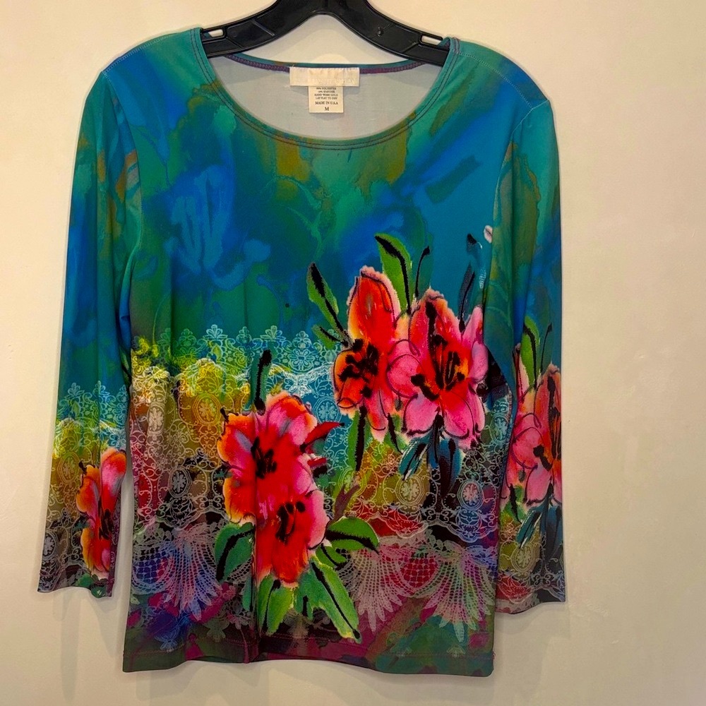 NU Construction, Blue Green Floral Print Top, Size Medium